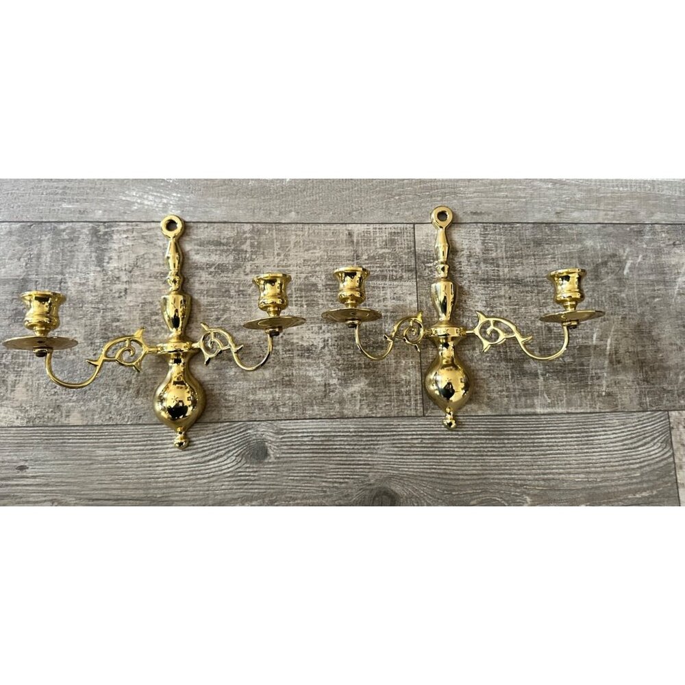 Vintage Solid Brass Double Arm Wall Sconce Candle Holders Ornate Design Set Of 2